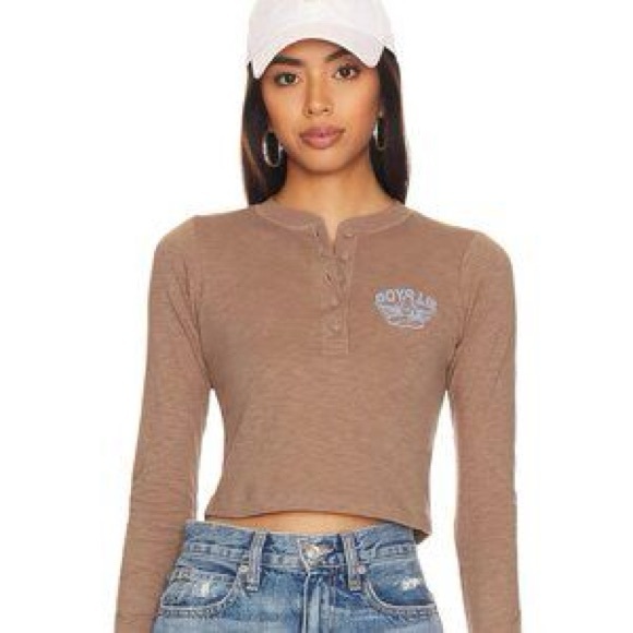 Boys Lie Tops - Boys Lie Heather Brown‎ Cropped Graphic Henley Tee M
